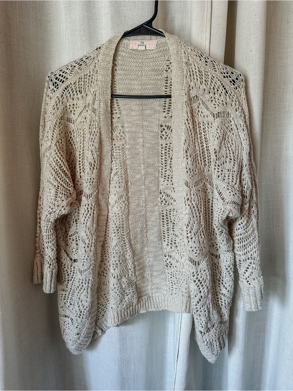 Pink Republic Open-Front Crochet Cardigan in Beige